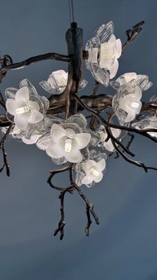 Creative Handmade Glass Plate 10-Light Branch Chandelier with Modern Retro Gold Electroplating and Adjustable Chain