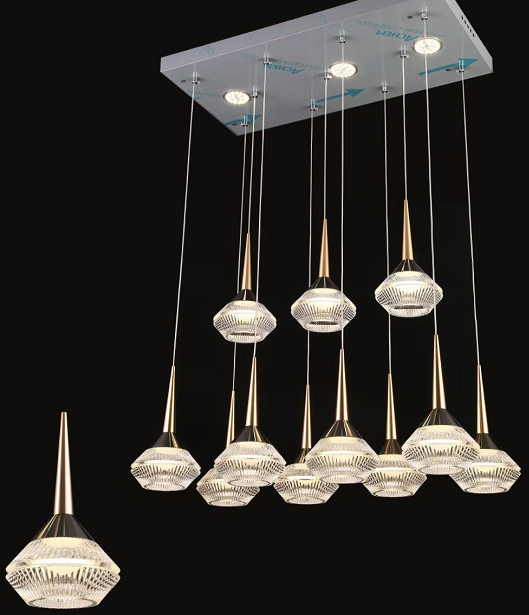 Modern Custom Gold Aluminum Long Ceiling Pendant Revolving Staircase Large Living Room Hanging Light LED Luxury Acrylic Chandelier