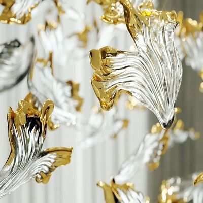 Μακρύ μεγάλο χρωματιστό πολυέλαιο Λομπι νυφική διακόσμηση χρυσού φύλλου γυαλιού πολυέλαιο μέρος