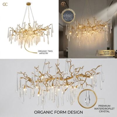 Custom Cascade Rain Crystal Chandelier Gold Rods Hotel Gallery Villa Club Luxury Linear Pendant Light